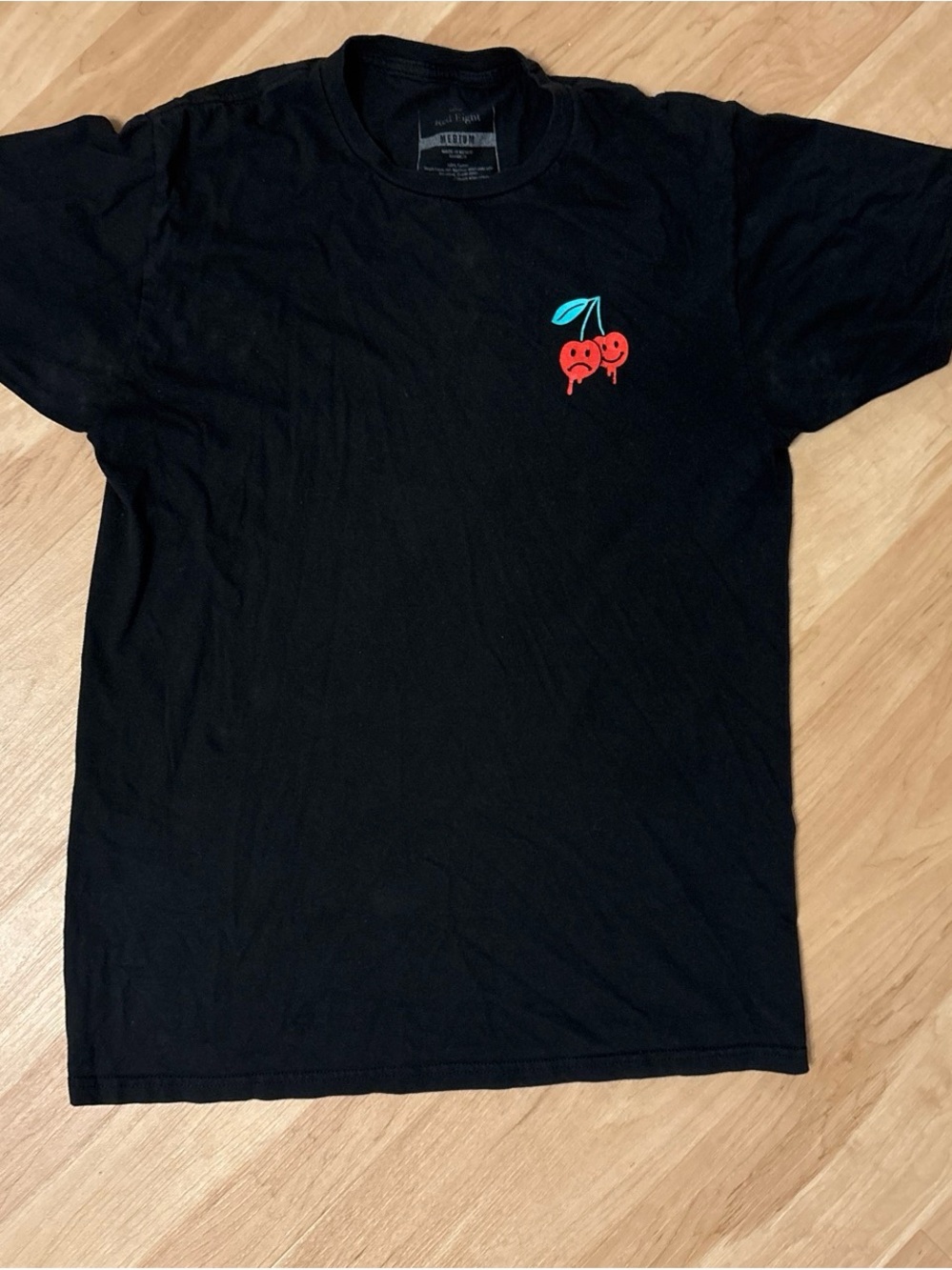 Primark Black Short-Sleeve Tee with Red Cherry Graphic